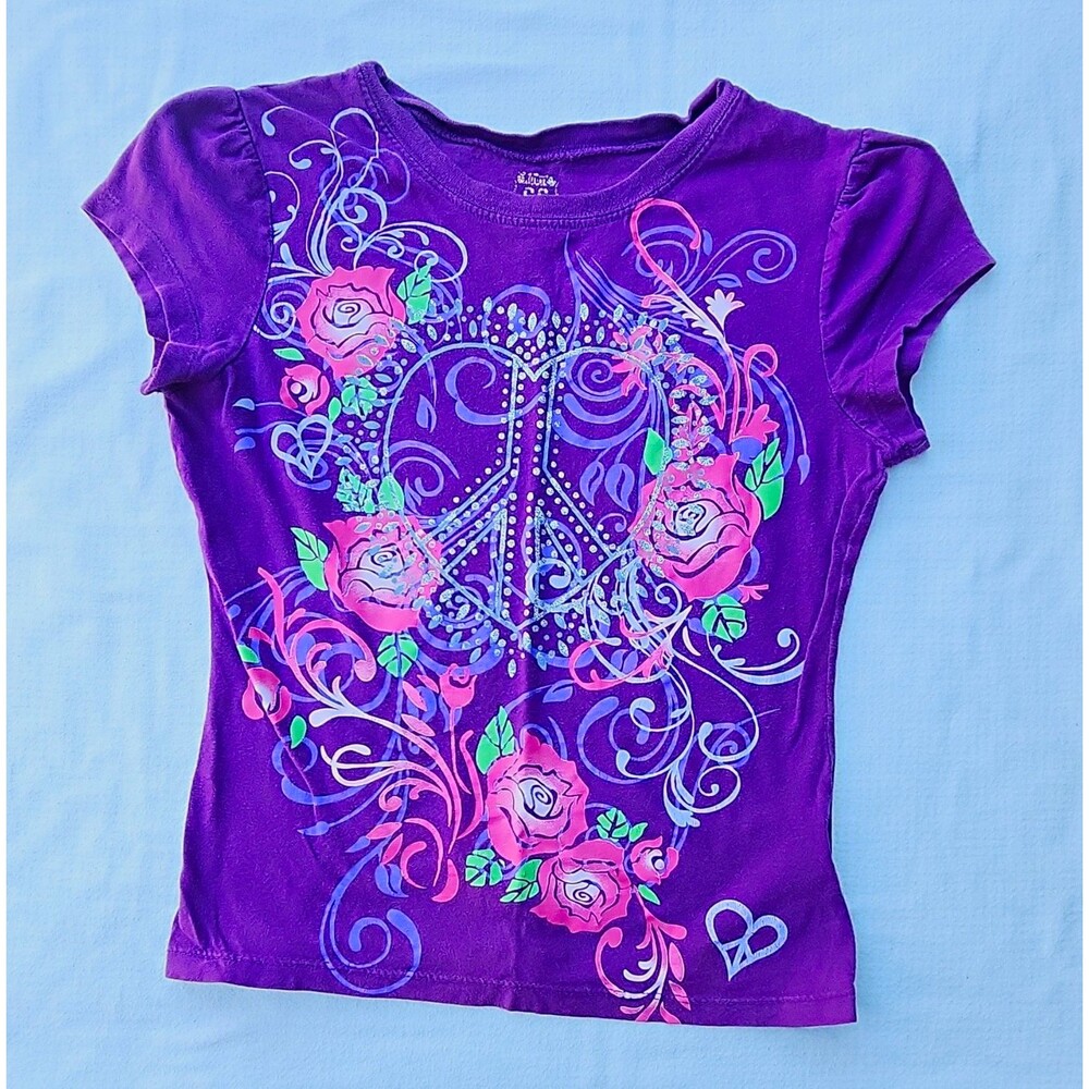 Route 66 Girls Size 10/12 Purple Glitter Peace Heart Graphic Tee Short Sleeve